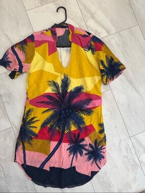 Tropical Palm Print V-Neck Shift Dress - Yellow & Pink